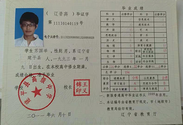 遼寧省普蘭店高中畢業證樣本