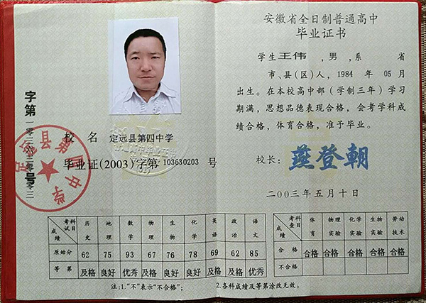 安徽省淮南高中畢業證圖片