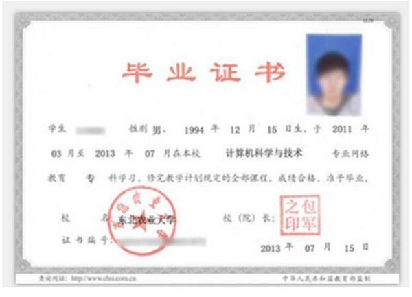 普通大專畢業(yè)證樣本