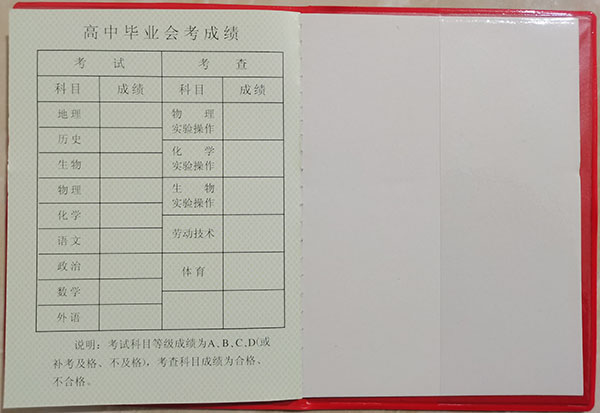 甘肅省1996年高中畢業(yè)會考成績單
