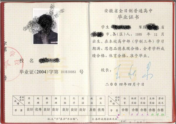 2005年安徽省高中畢業(yè)證