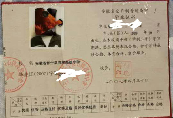 安徽省高中畢業(yè)證2002年版本
