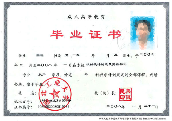 武漢工業(yè)大學(xué)2000年畢業(yè)證樣本