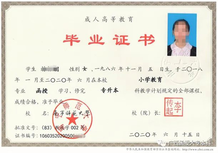 2020年南寧師范大學函授本科畢業(yè)證(專升本)