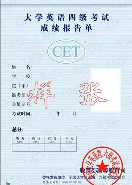 溫州大學英語四級成績單樣本