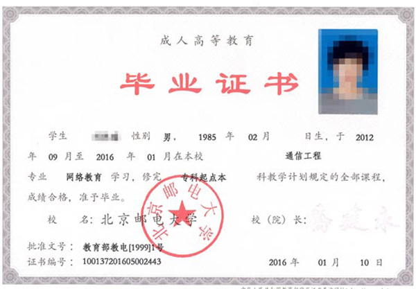 北京郵電大學(xué)函授大專畢業(yè)證樣本