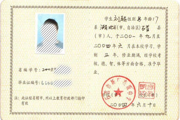 2002年高中畢業證樣本（山東、廣東、江蘇、四川、湖北）